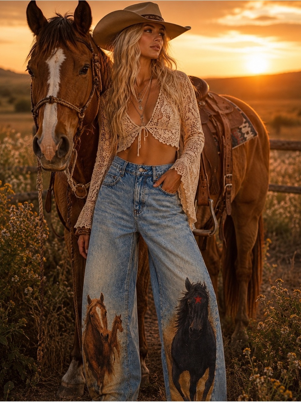 Boho Horse Jeans High-Rise Wide-Leg Painted Blue print